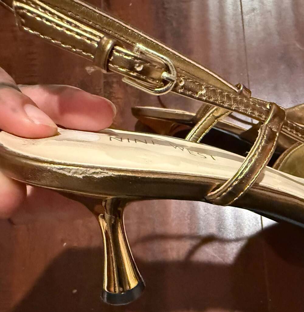Nine West Metallic Gold Pointed Toe Kitten Heel Slingback Pumps Sz.10 - Picture 4 of 11